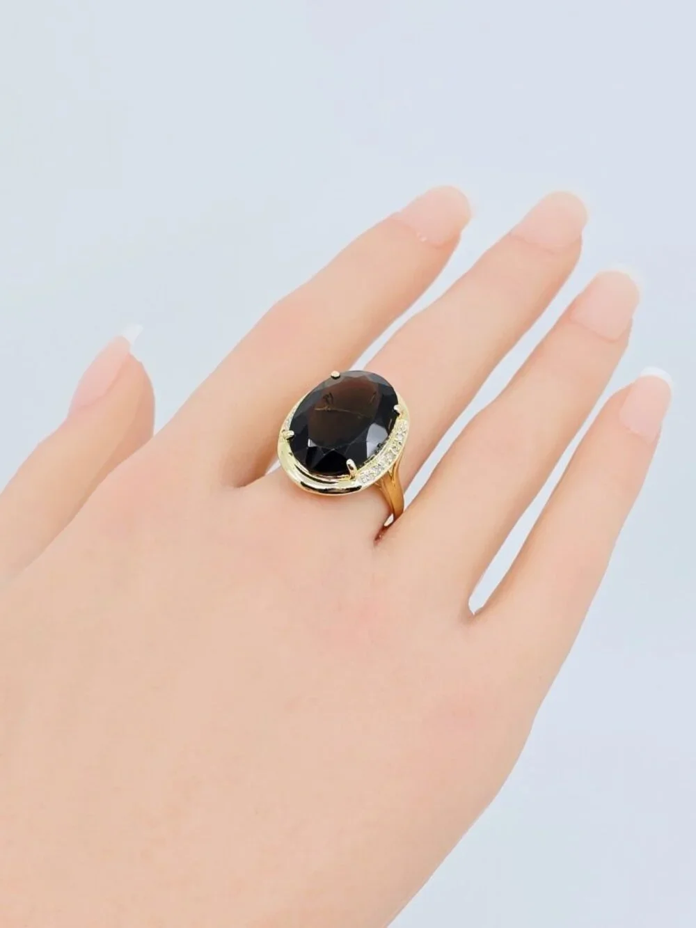 Elegant Large 14K Yellow Gold Designer Smoky Quartz & Diamond Ring - Size 10